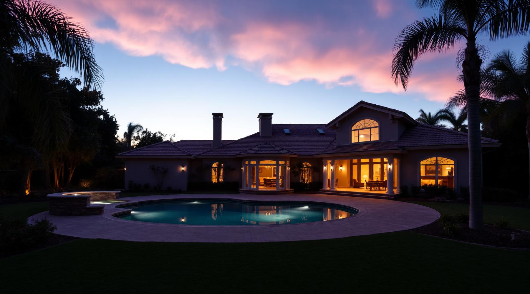 Luxury Southern California home at dusk